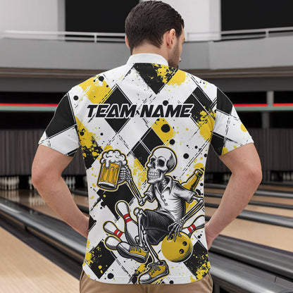 Custom Yellow Argyle Pattern Funny Skeleton Bowling And Beer Men Quarter-Zip Shirts, Team Outfit IPHW8892