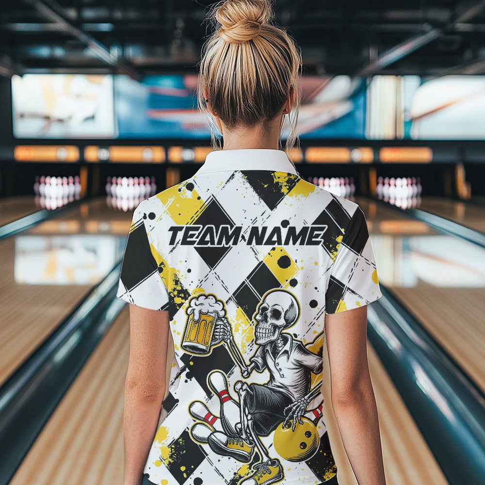 Custom Yellow Argyle Pattern Funny Skeleton Bowling And Beer Women Quarter-Zip Shirts IPHW8892