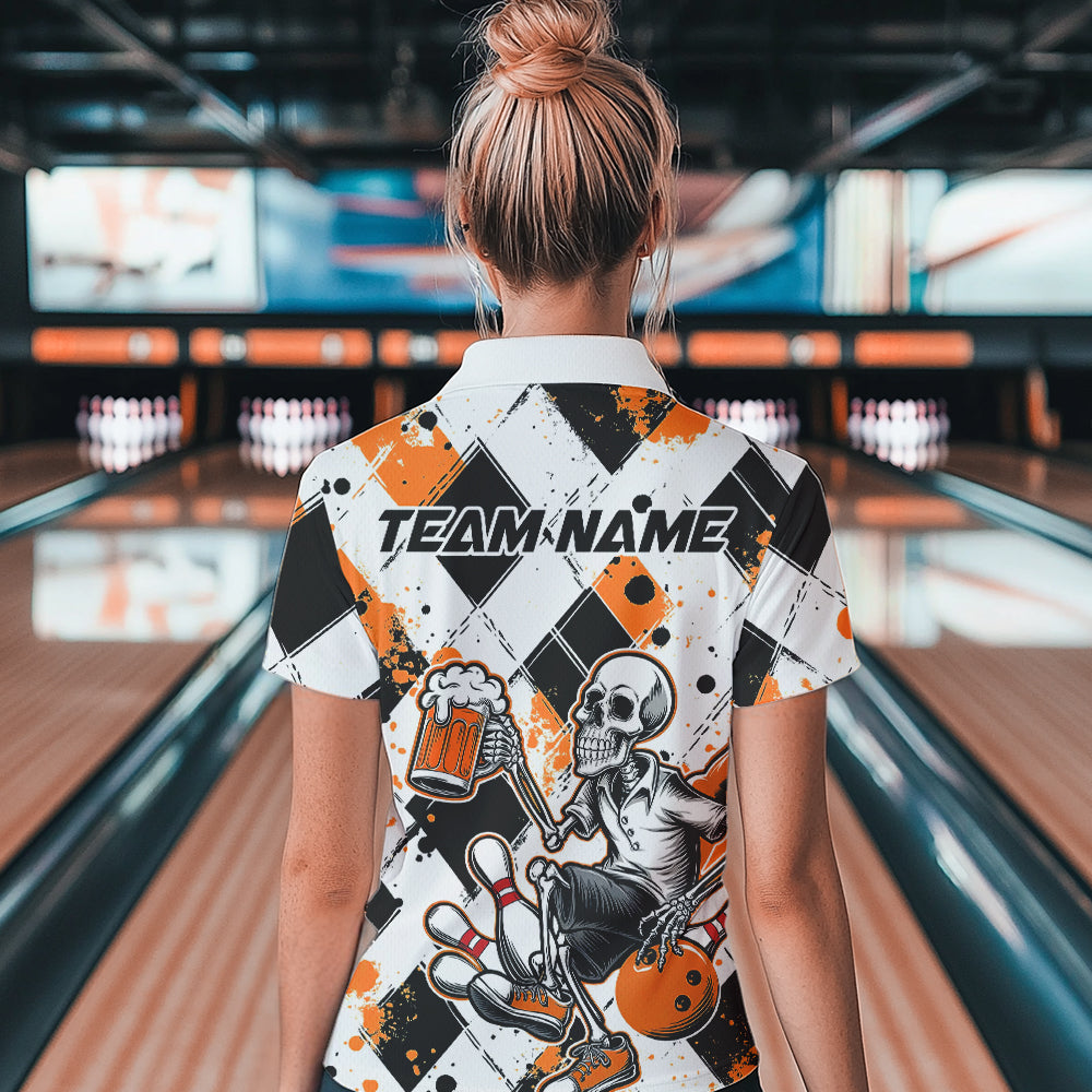 Custom Orange Argyle Pattern Funny Skeleton Bowling And Beer Women Polo Shirts, Team Outfit IPHW8893
