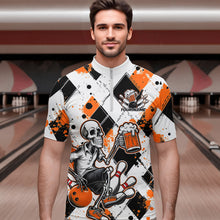 Load image into Gallery viewer, Custom Orange Argyle Pattern Funny Skeleton Bowling And Beer Men Quarter-Zip Shirts, Team Outfit IPHW8893