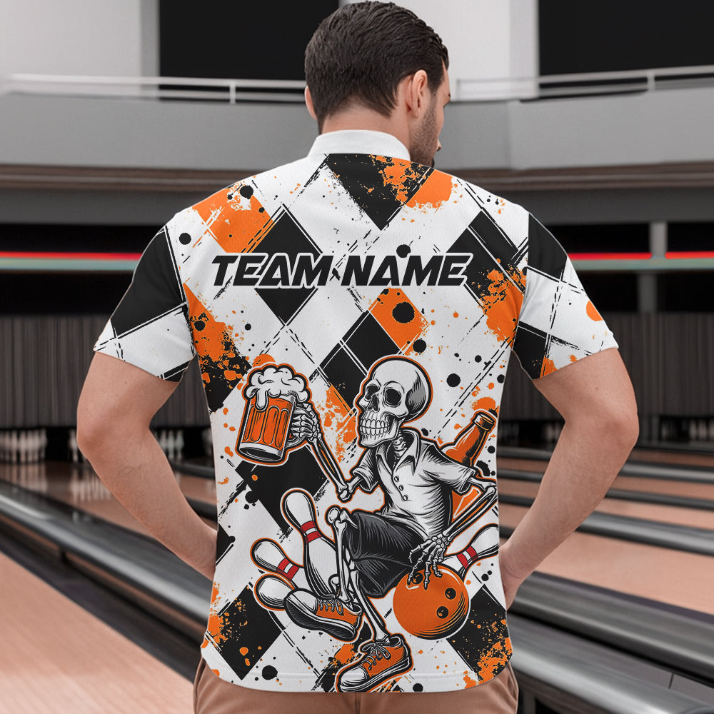 Custom Orange Argyle Pattern Funny Skeleton Bowling And Beer Men Quarter-Zip Shirts, Team Outfit IPHW8893
