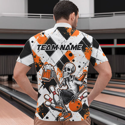 Custom Orange Argyle Pattern Funny Skeleton Bowling And Beer Men Quarter-Zip Shirts, Team Outfit IPHW8893
