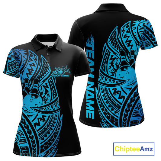 Front and back views of a black and blue womens bowling polo shirt featuring bowling pins and a ball framed by bold tribal patterns.