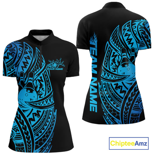 Front and back views of a black and blue womens bowling quarter-zip shirt featuring bowling graphics framed by bold tribal swirls.