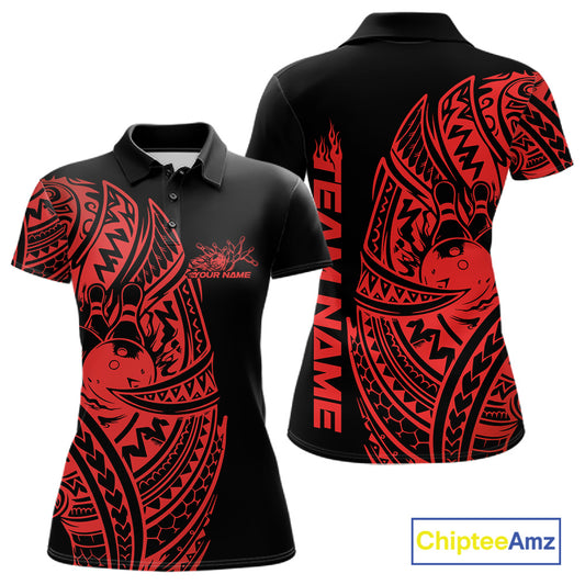 Front and back views of a black and red womens bowling polo shirt showcasing bowling ball and pin graphics framed by Polynesian-style swirls.