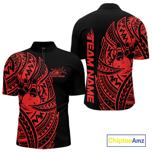 Front and back views of a black and red mens bowling quarter-zip shirt featuring bowling pins and a ball framed by tribal patterns.