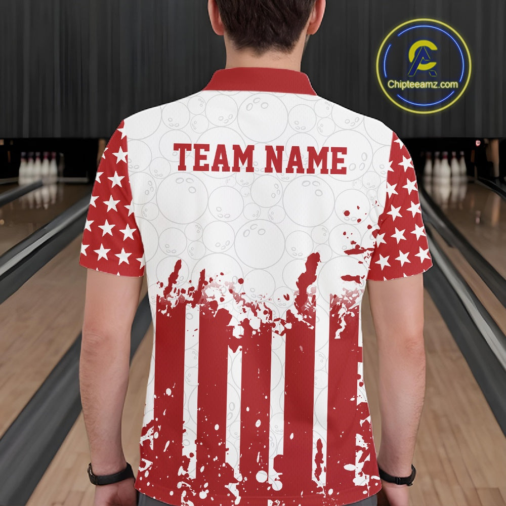 Person wearing a red and white sports jersey with 'TEAM NAME' printed on the back, standing in a bowling alley.