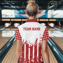 Load image into Gallery viewer, Female model showcasing the back design of a custom red and white patriotic stars and stripes women's bowling polo shirt with a customizable "TEAM NAME" text template inside a bowling alley.