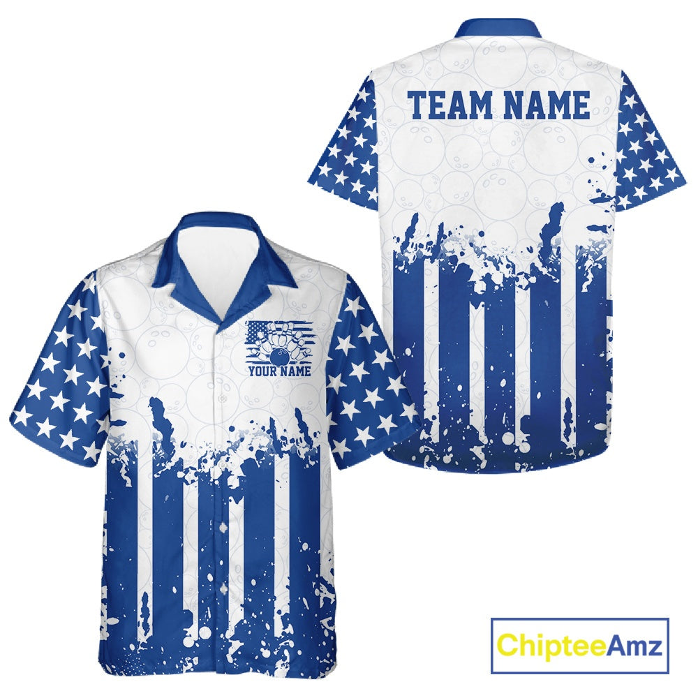 White and blue polo shirt with American flag design and 'Team Name' text, Chiptee Amz brand visible.