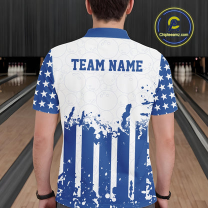 Person wearing a blue and white bowling shirt with 'TEAM NAME' on the back, in a bowling alley.