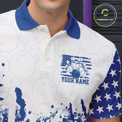 White polo shirt with blue accents and bowling graphic, featuring 'Your Name' text, on a person.