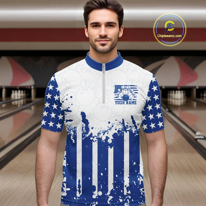 Male model wearing a custom blue and white stars and stripes patriotic men's bowling quarter-zip jersey at a bowling alley lane.