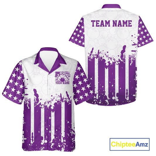 
Customizable white and purple patriotic bowling button up shirt showing the front and back views with a distressed American flag and a "TEAM NAME" text template on a white background.