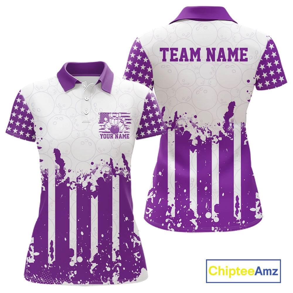 Customizable white and purple patriotic women's bowling polo shirts showing the front and back views with a distressed American flag and a "TEAM NAME" text template on a white background.