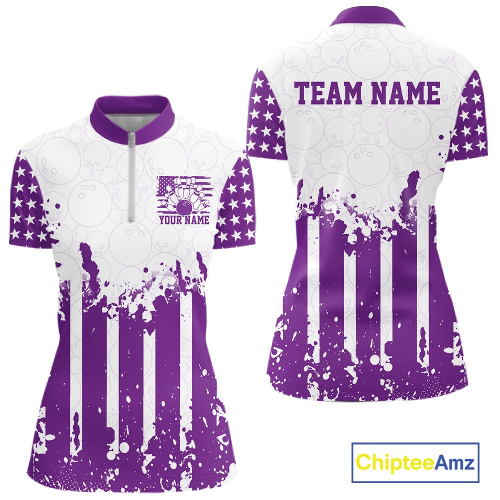 Purple and white stars and stripes women's quarter-zip bowling shirts showing front and back views.