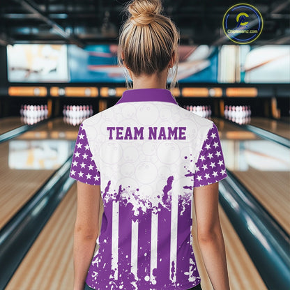 Custom purple American flag patriotic women's bowling quarter-zip shirt with personalized league team name.