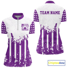 Load image into Gallery viewer, Purple and white stars and stripes women's quarter-zip bowling shirts showing front and back views.