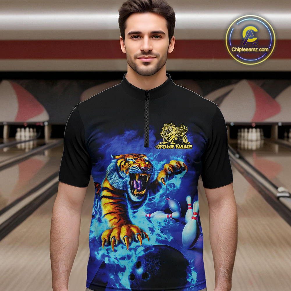 Custom Blue Fire Flame Tiger Bowling Team Quarter-Zip Shirts For Men, Tiger Bowling Jerseys IPHW9480