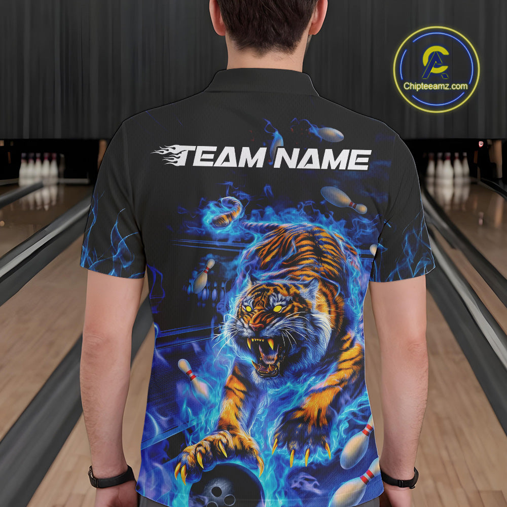 Custom Blue Fire Flame Tiger Bowling Team Polo Shirts For Men, Tiger Bowling Jerseys IPHW9481