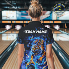 Load image into Gallery viewer, Custom Blue Fire Flame Tiger Bowling Team Women Quarter-Zip Shirts, Tiger Bowling Jerseys IPHW9481