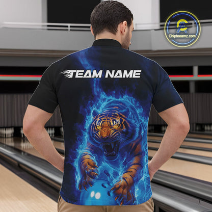Custom Blue Fire Flame Tiger Bowling Team Quarter-Zip Shirts For Men, Tiger Bowling Jerseys IPHW9483