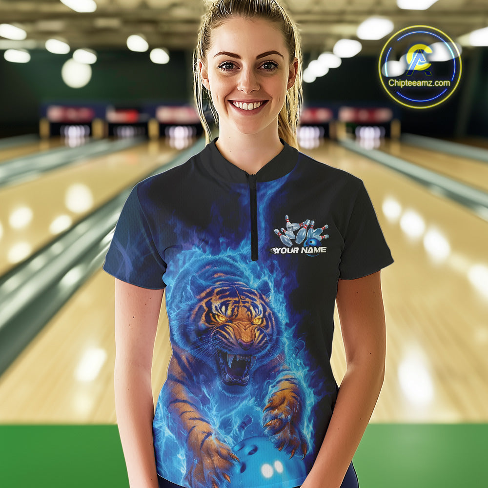 Custom Blue Fire Flame Tiger Bowling Team Women Quarter-Zip Shirts, Tiger Bowling Jerseys IPHW9483