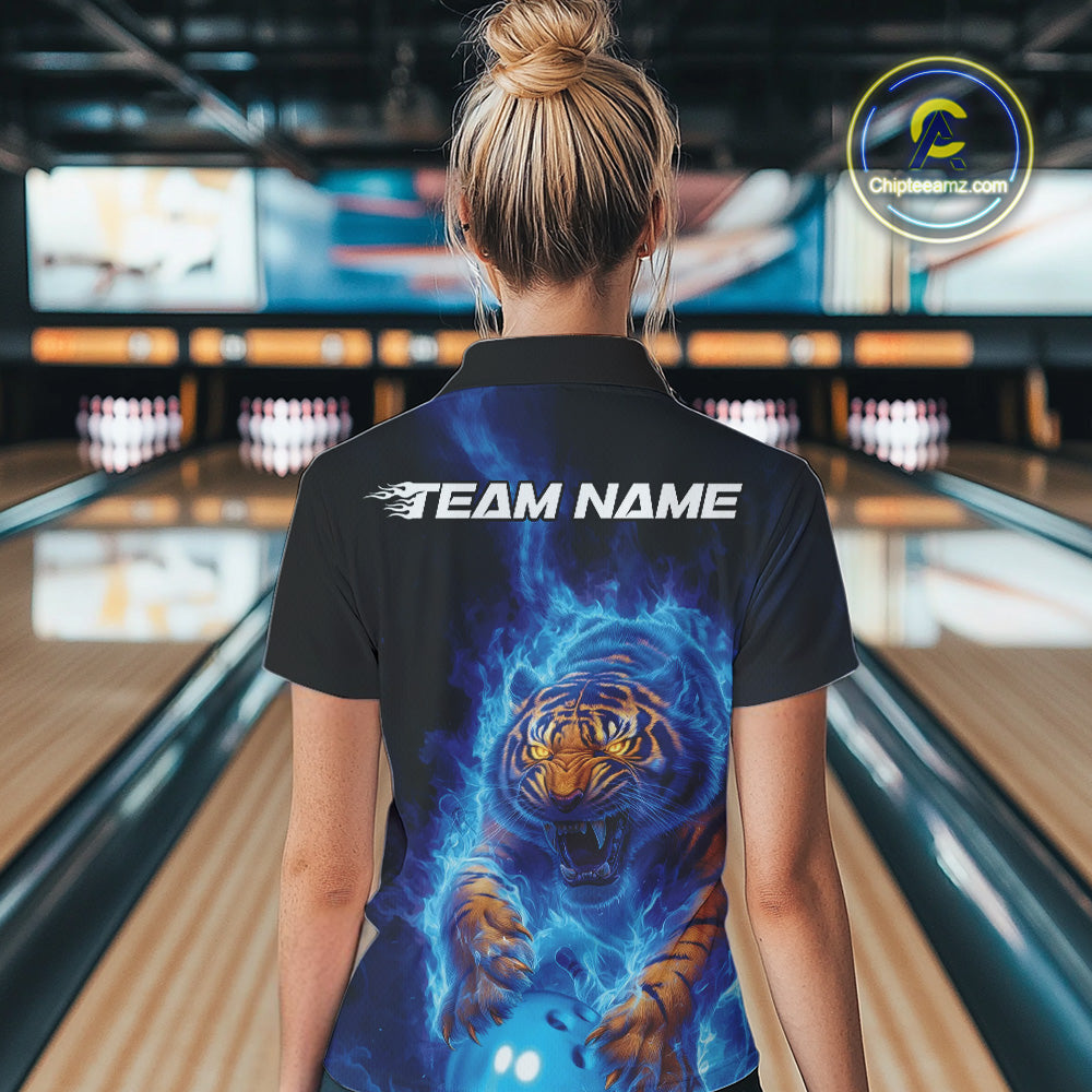Custom Blue Fire Flame Tiger Bowling Team Women Quarter-Zip Shirts, Tiger Bowling Jerseys IPHW9483