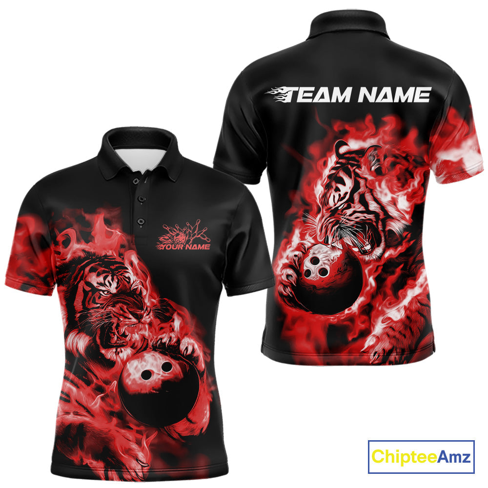 Custom Red Fire Flame Tiger Bowling Jerseys, Bowling Team Men Polo Shirts IPHW9488