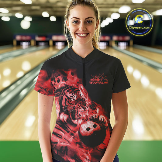 Custom Red Fire Flame Tiger Bowling Jerseys, Bowling Team Women Quarter-Zip Shirts IPHW9488