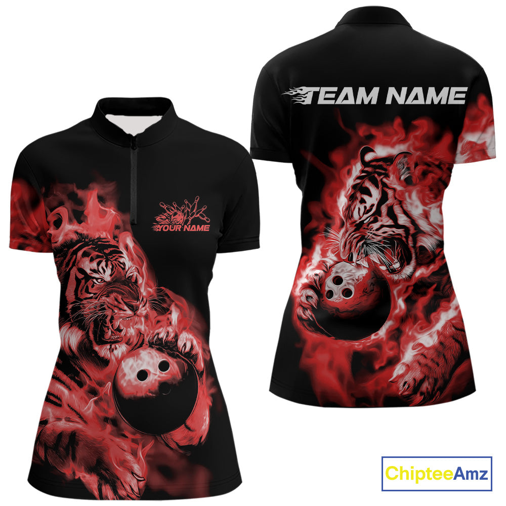 Custom Red Fire Flame Tiger Bowling Jerseys, Bowling Team Women Quarter-Zip Shirts IPHW9488