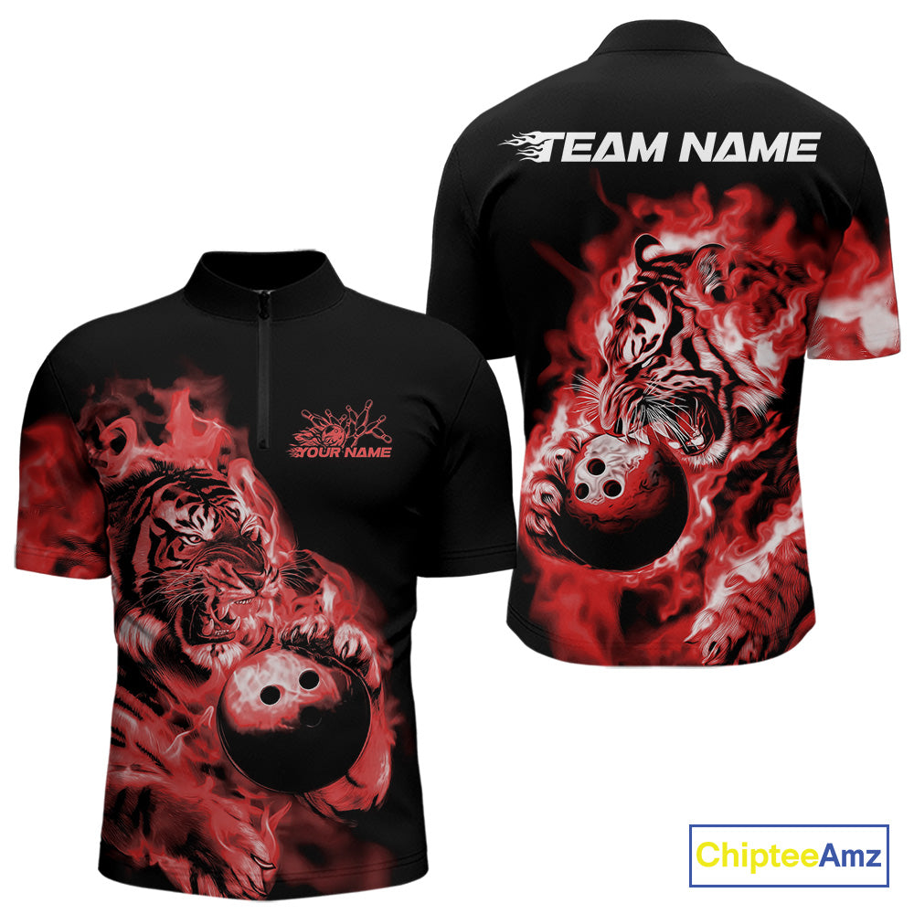Custom Red Fire Flame Tiger Bowling Jerseys, Bowling Team Men Quarter-Zip Shirts IPHW9488