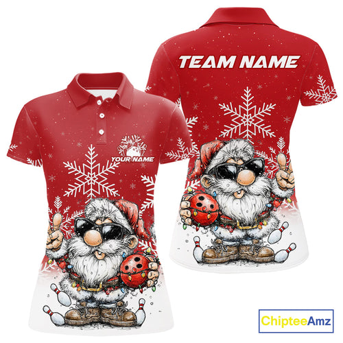 Custom Funny Santa Claus Christmas Bowling Women Polo Shirts, Xmas Bowling Team Shirt IPHW10109