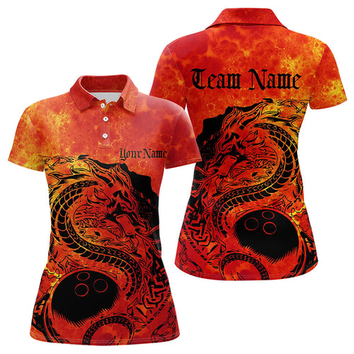 Custom Red Flame Viking Dragon Bowling Polo Team Shirts For Women, Bowling League Shirts IPHW8585