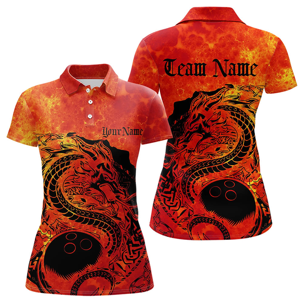 Custom Red Flame Viking Dragon Bowling Polo Team Shirts For Women, Bowling League Shirts IPHW8585