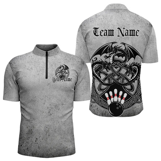 Custom Vintage Viking Dragon Bowling Quarter-Zip Team Shirts For Men, Celtic Bowling Shirt IPHW8586