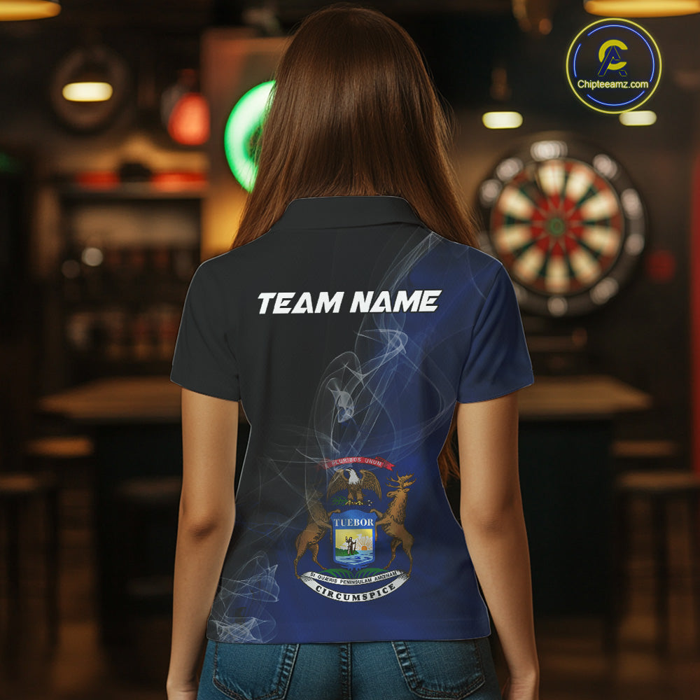 Custom Smoke Flame Michigan Flag Patriotic Darts Shirt For Women, Dart League Team Jerseys IPHW10743