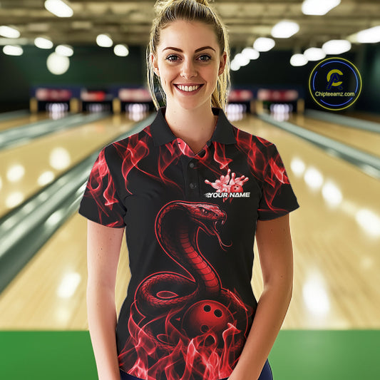 Custom Black And Red Flame Cobra Snake Bowling Women Shirts, Bowling League Shirt IPHW10765