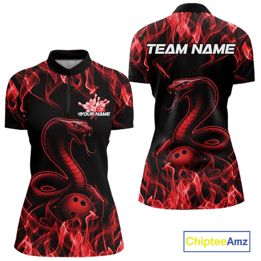 Custom Black And Red Flame Cobra Snake Bowling Women Shirts, Bowling League Shirt IPHW10765