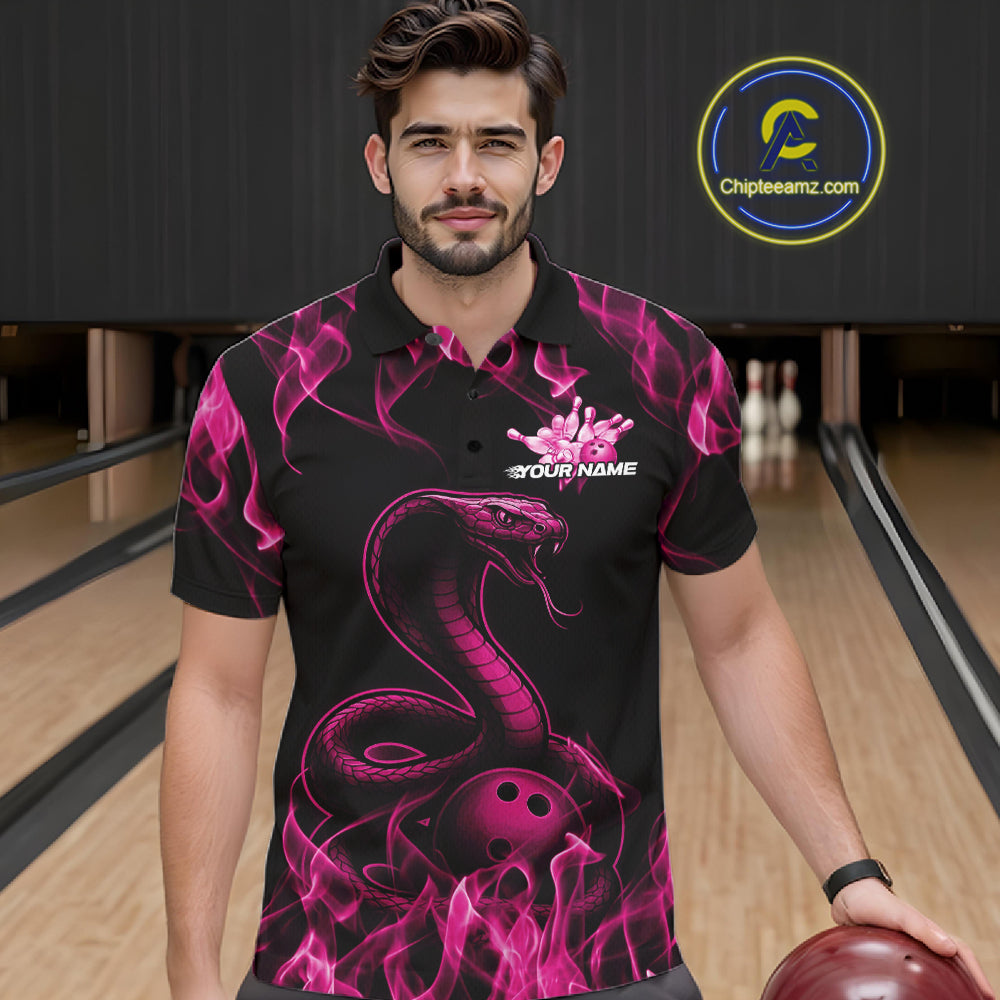 Custom Black And Pink Flame Cobra Snake Bowling Men Shirts, Bowling League Shirt IPHW10766