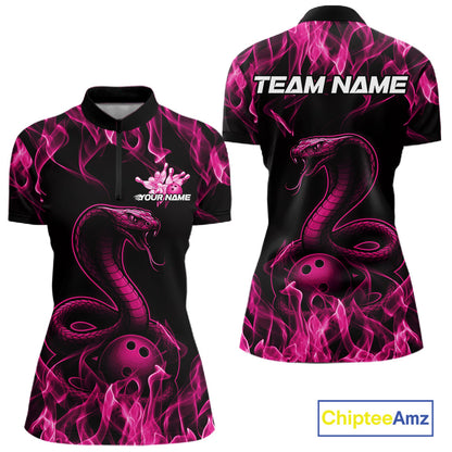Custom Black And Pink Flame Cobra Snake Bowling Women Shirts, Bowling League Shirt IPHW10766