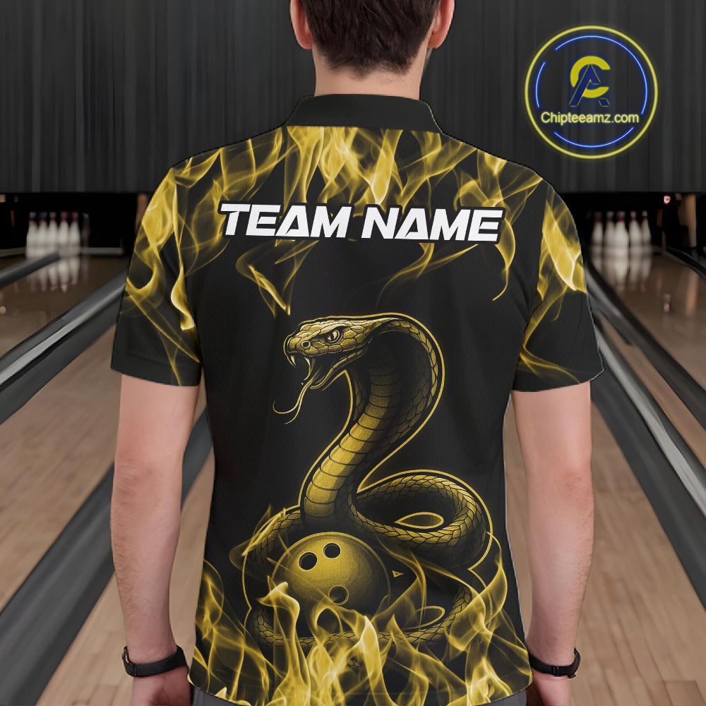 Custom Black And Yellow Flame Cobra Snake Bowling Men Shirts, Bowling League Shirt IPHW10768