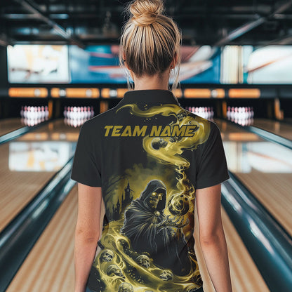 Black And Yellow Grim Reaper Custom Halloween Bowling Team Women Polo Shirts, Bowler Outfit IPHW8894