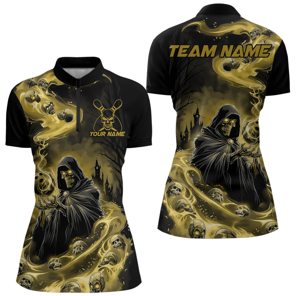 Black And Yellow Grim Reaper Custom Halloween Bowling Team Women Quarter-Zip Shirts Outfit IPHW8894