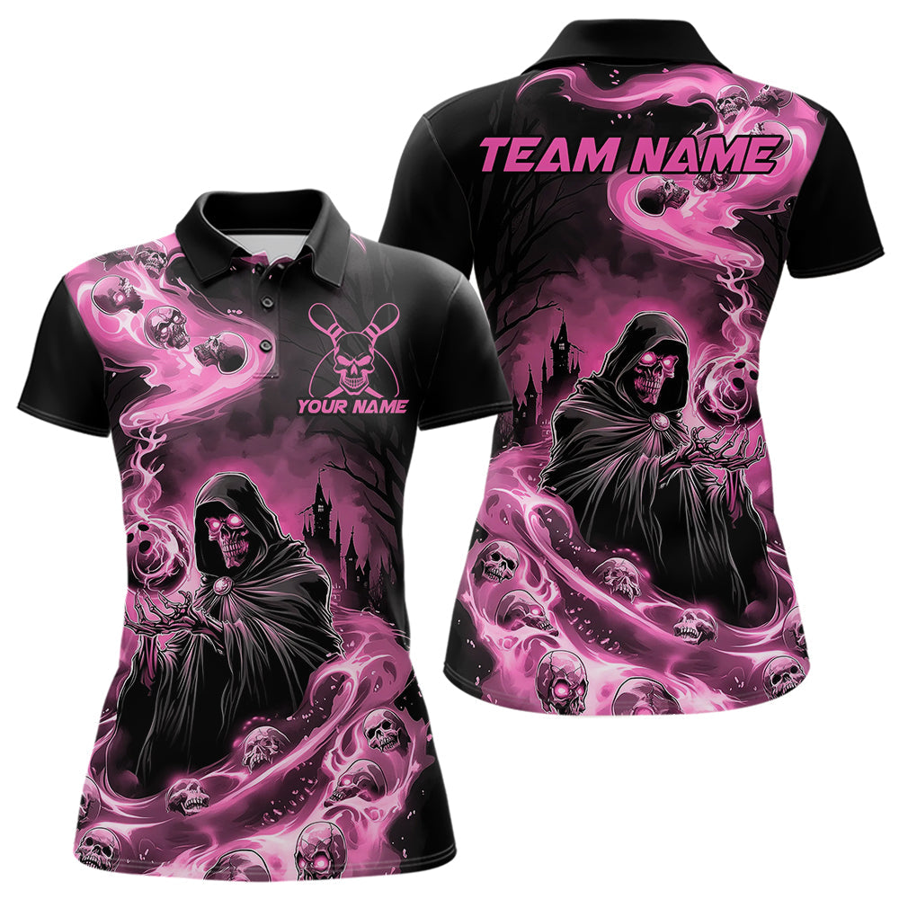 Black And Pink Grim Reaper Custom Halloween Bowling Team Women Polo Shirts, Bowlers Outfit IPHW8895