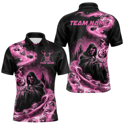 Black And Pink Grim Reaper Custom Halloween Bowling Team Men Polo Shirts, Bowlers Outfit IPHW8895