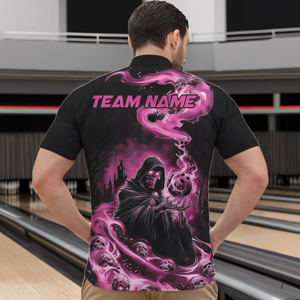 Black And Pink Grim Reaper Custom Halloween Bowling Team Men Quarter-Zip Shirts, Bowlers Outfit IPHW8895