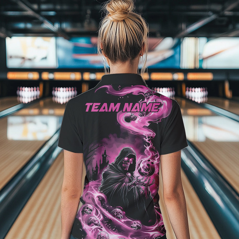 Black And Pink Grim Reaper Custom Halloween Bowling Team Women Quarter-Zip Shirts Outfit IPHW8895