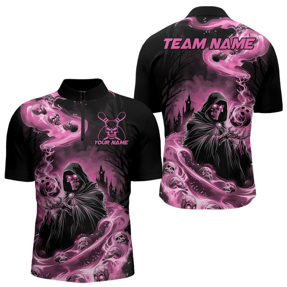 Black And Pink Grim Reaper Custom Halloween Bowling Team Men Quarter-Zip Shirts, Bowlers Outfit IPHW8895