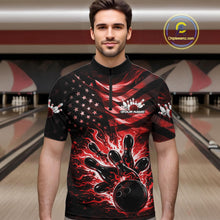 Load image into Gallery viewer, Custom Black And Red Patriotic Fire Flame Men Bowling Shirt, US Flag Bowling Jerseys IPHW10997