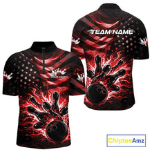 Load image into Gallery viewer, Custom Black And Red Patriotic Fire Flame Men Bowling Shirt, US Flag Bowling Jerseys IPHW10997